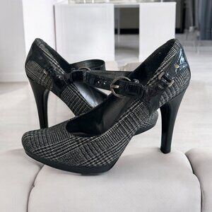 STUART WEITZMAN Glenplaid Gray Black Mary Janes Heels Size 7.5
